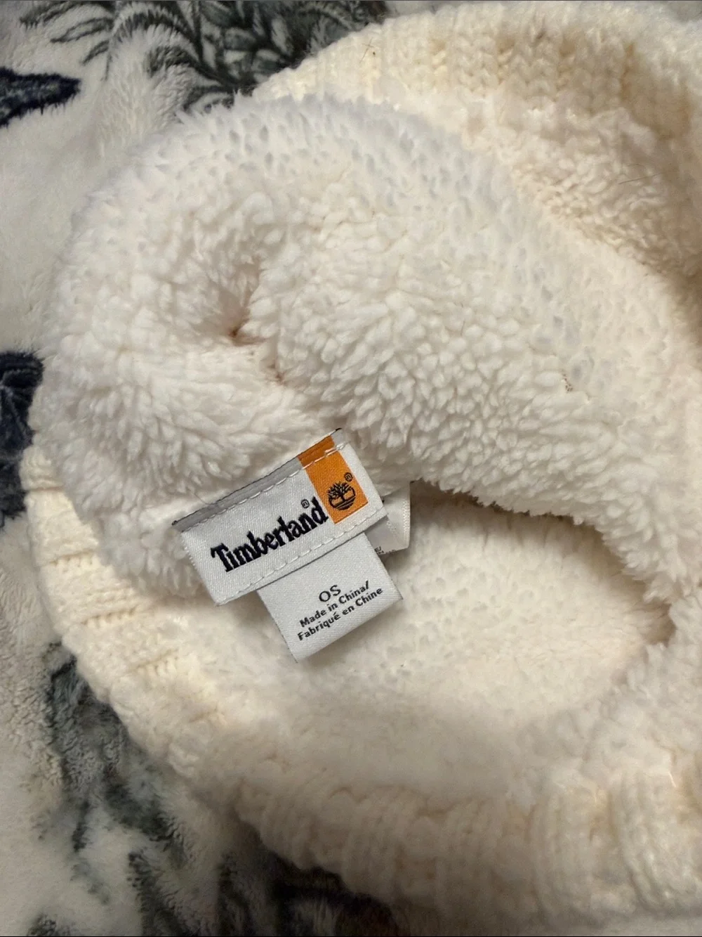 Timberland Cream Cable-Knit Beanie with Brown Faux Fur Pom